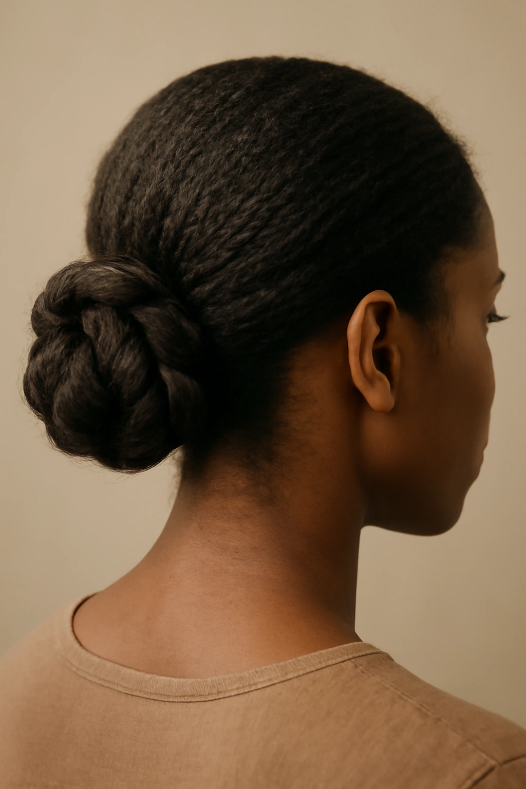 Wrap-around bun formed by a rope-like spiral wrapped around the base of a low ponytail.