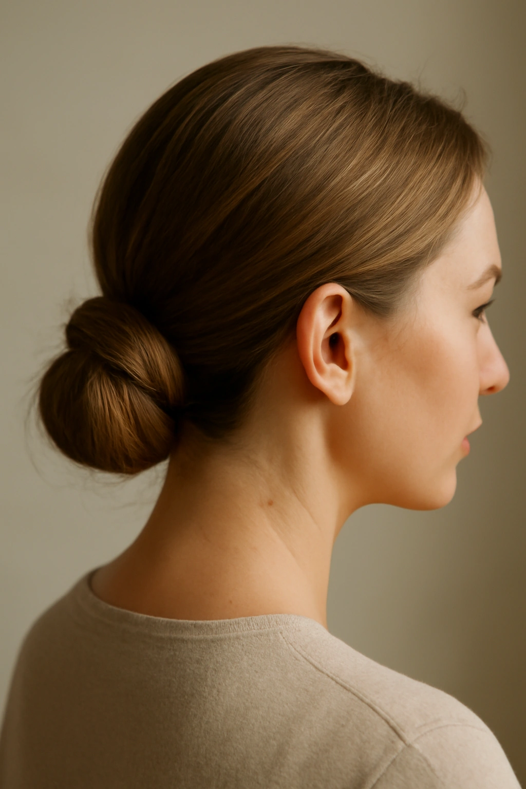 Wrap-around bun with wrapped strand around base of low ponytail