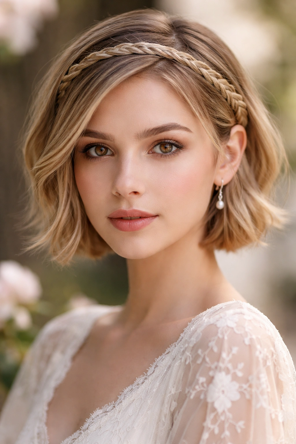 Thin braid wraps around head like a decorative hairband.