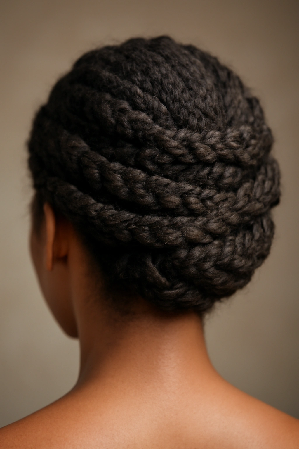 Four braids wrap around the head, forming an intricate wraparound updo.