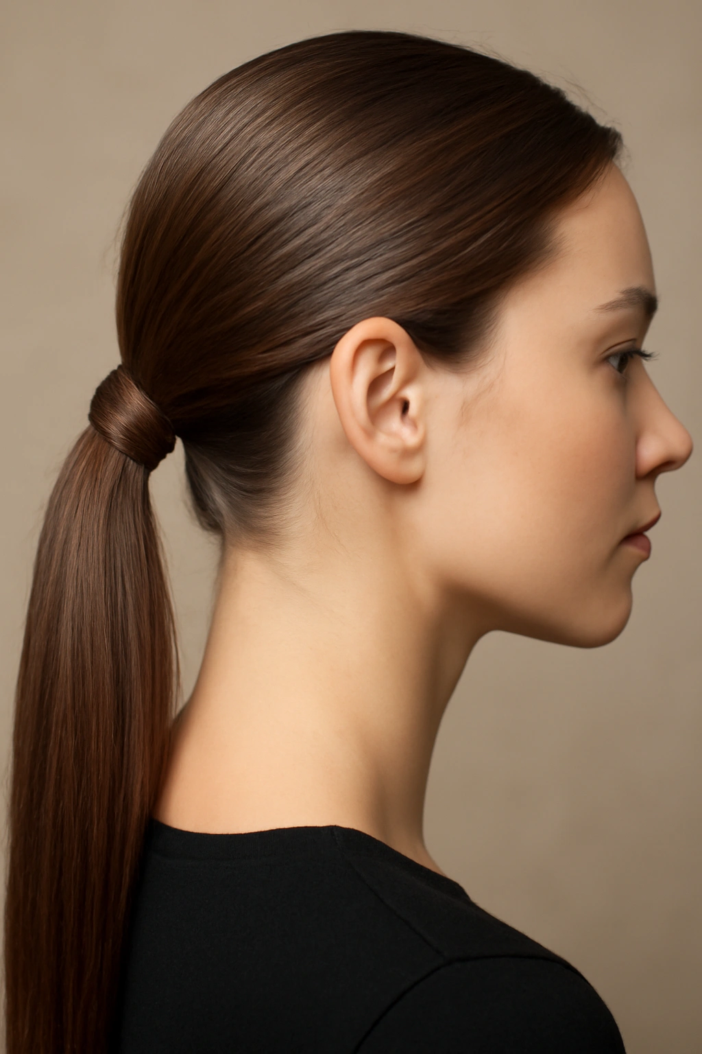 Close-up of a wrapped-base ponytail concealing the elastic at the base.