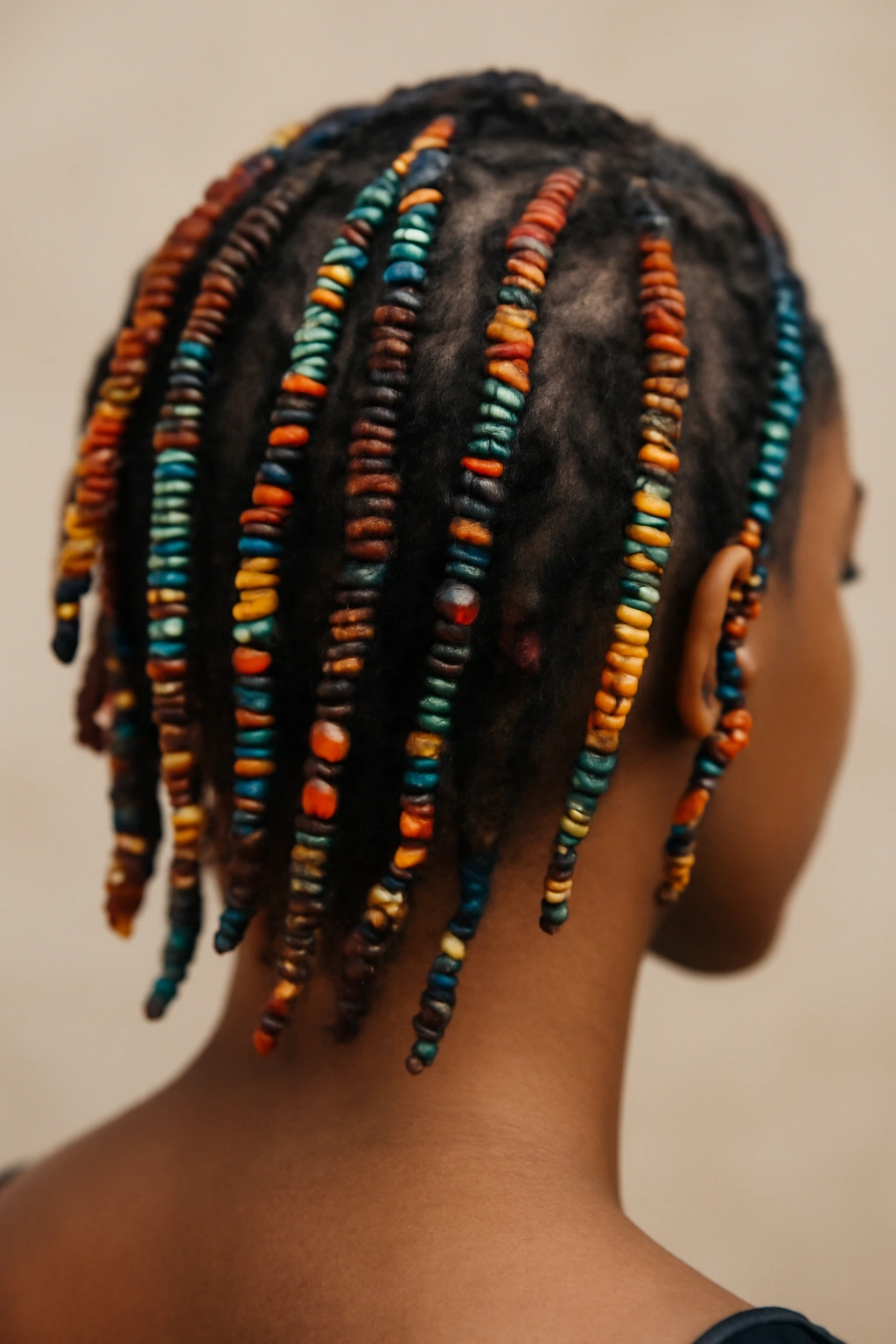 Wrapped locs with beads and colorful thread along lengths