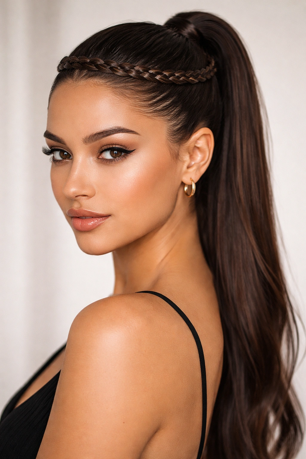 Slicked ponytail with a delicate braid wrapped around the crown.