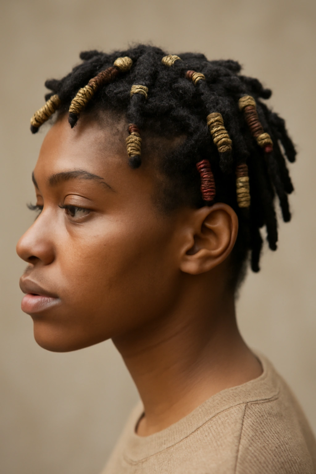 Wrapped sections of short dreadlocks secured with thread creating a segmented look.