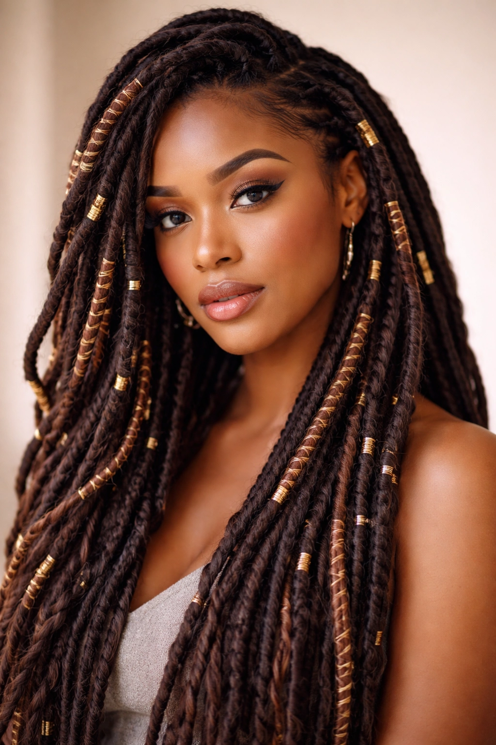 Wrapped faux locs showing decorative thread wrapping around the locs