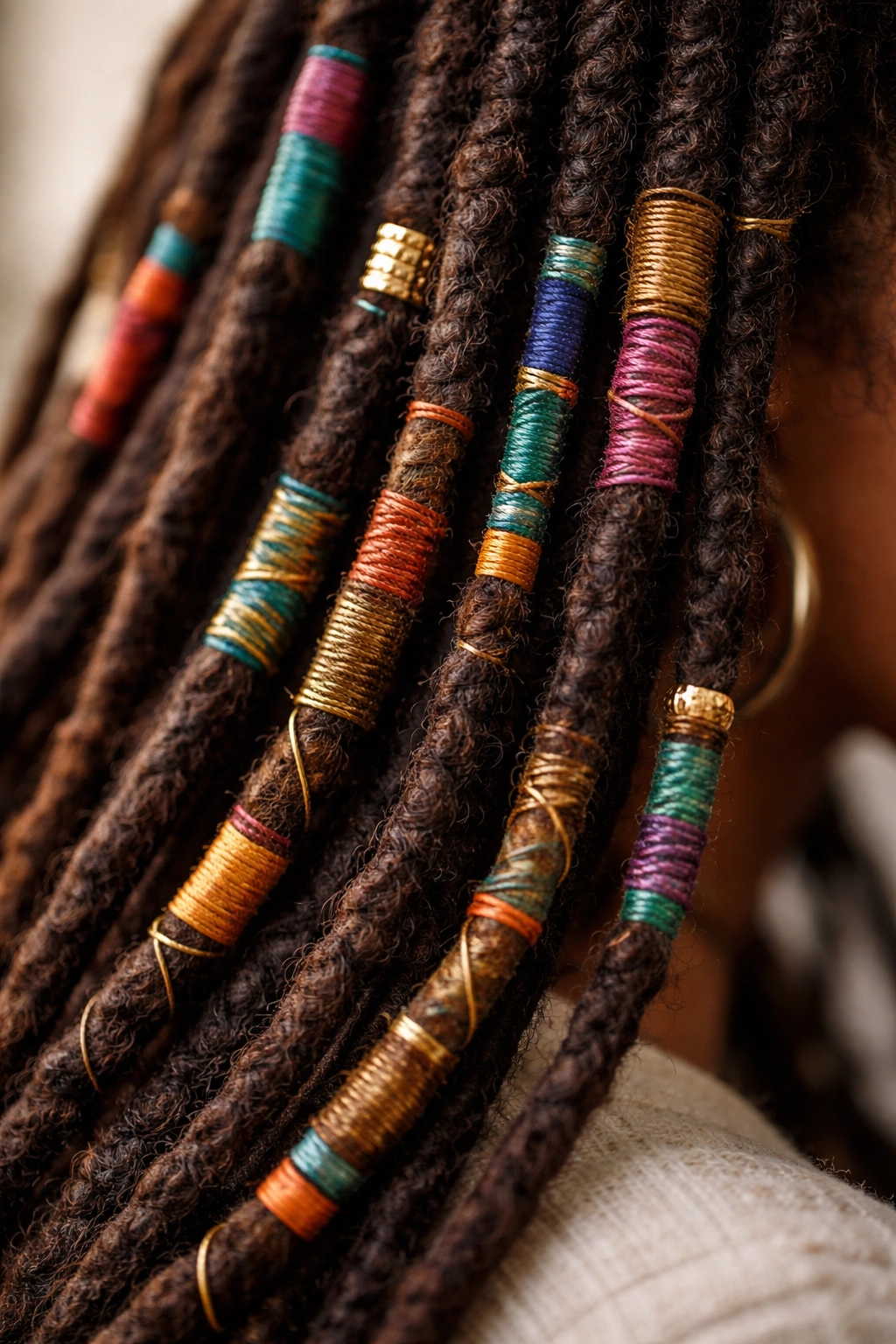 Locs wrapped with colorful thread around sections