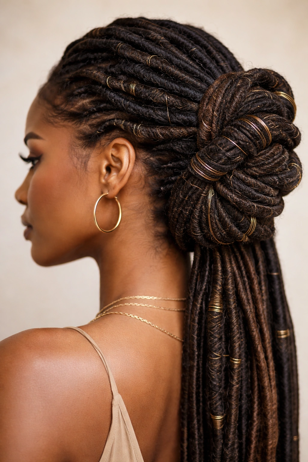 Locs wrapped with fabric or thread and tucked into loops.