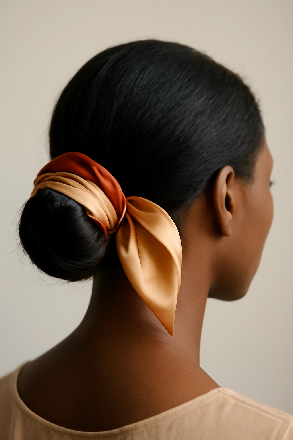 Low bun wrapped with silk scarf view from back of head