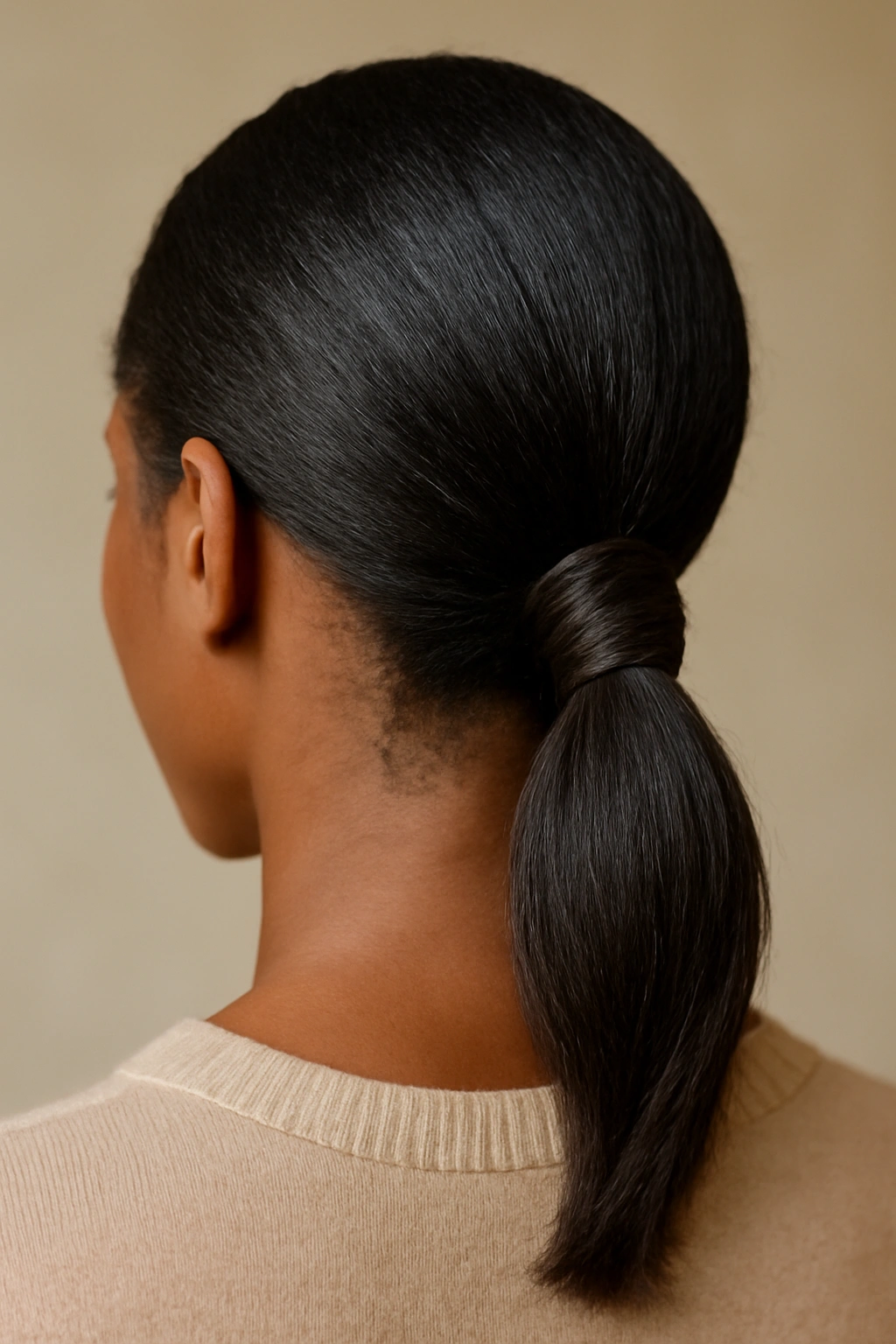 Wrapped section around ponytail base concealing hair tie