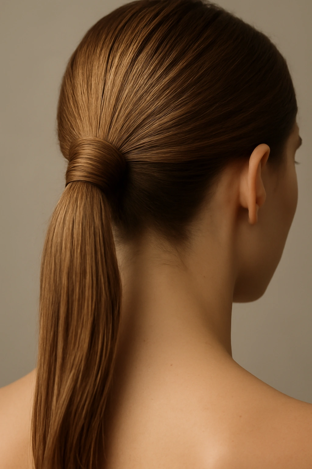 Ponytail with a neatly wrapped base around the elastic in a studio portrait