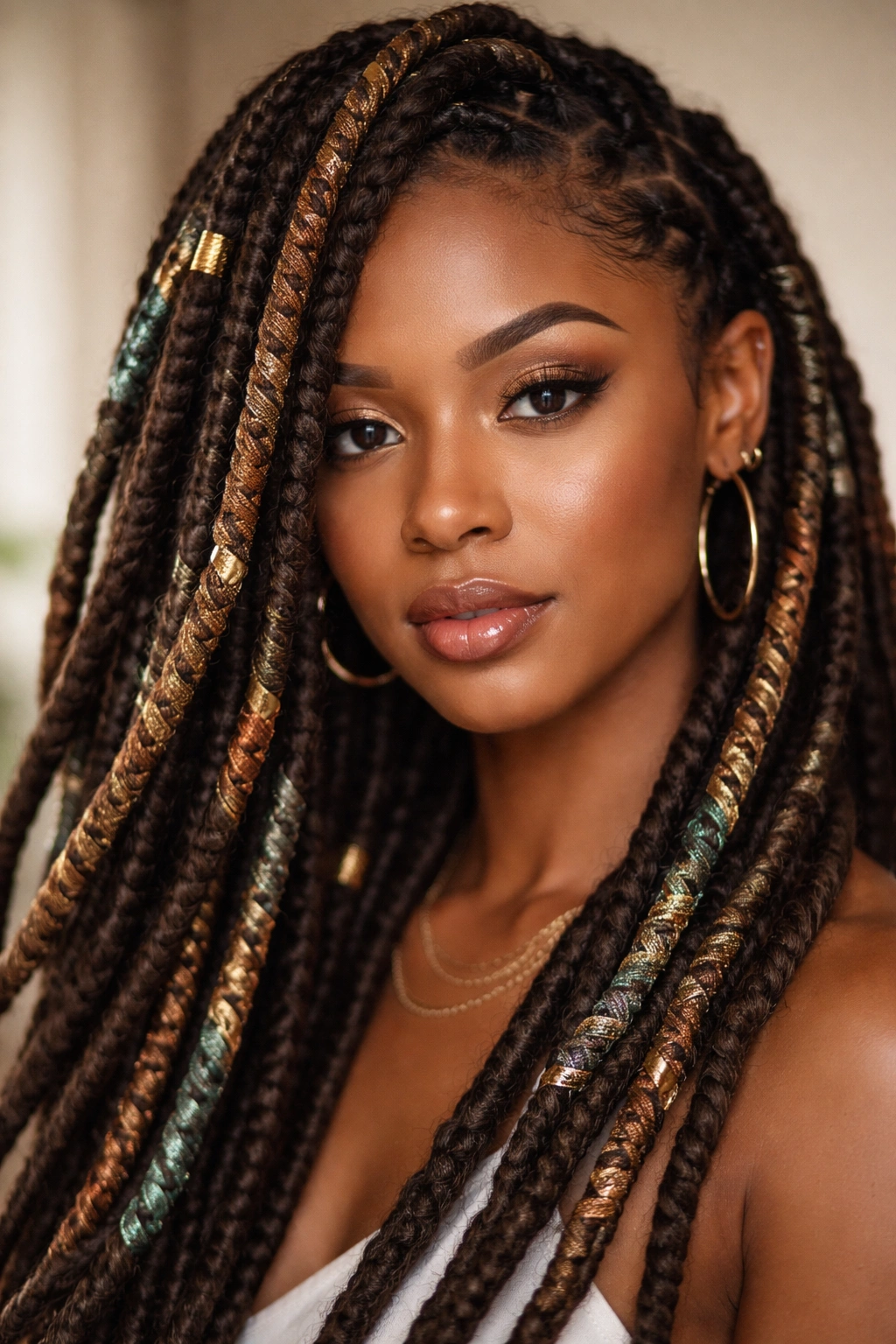 Dreadlocks wrapped with metallic thread in rope texture