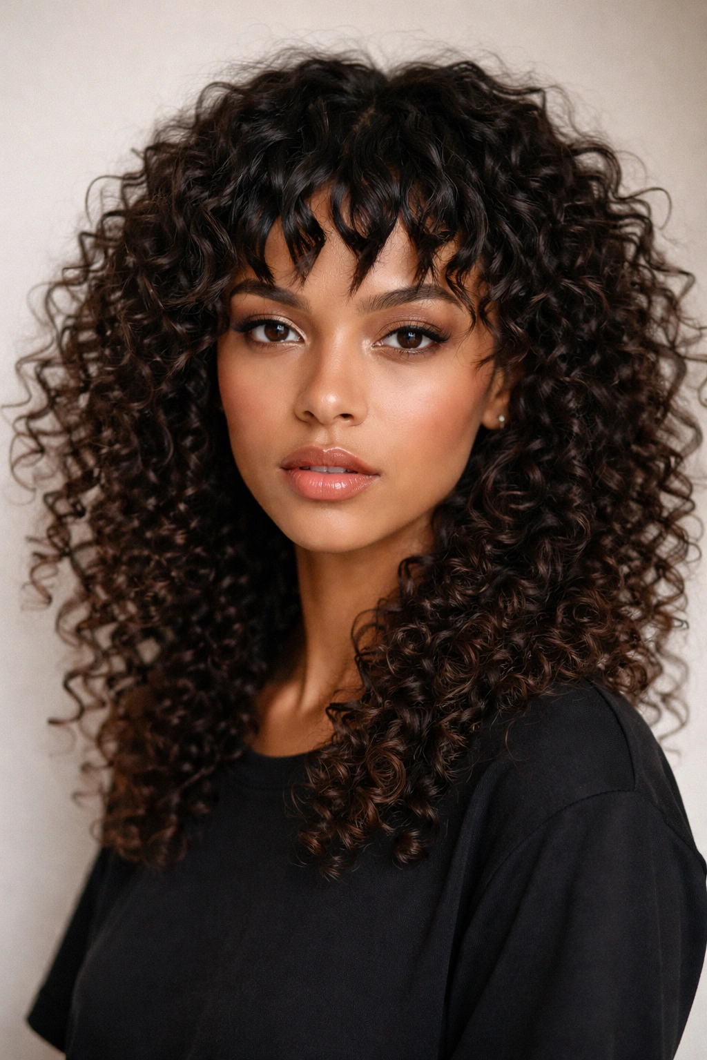 Zigzag bangs with bold angular lines on curly hair