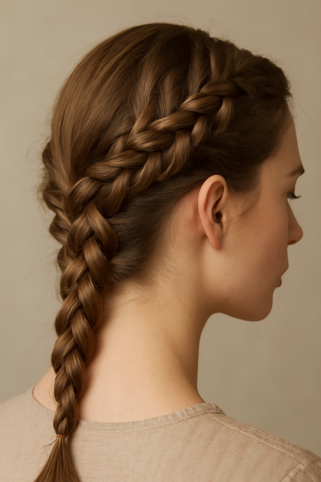 Zigzag braid across crown with geometric pattern in professional hairstyle.