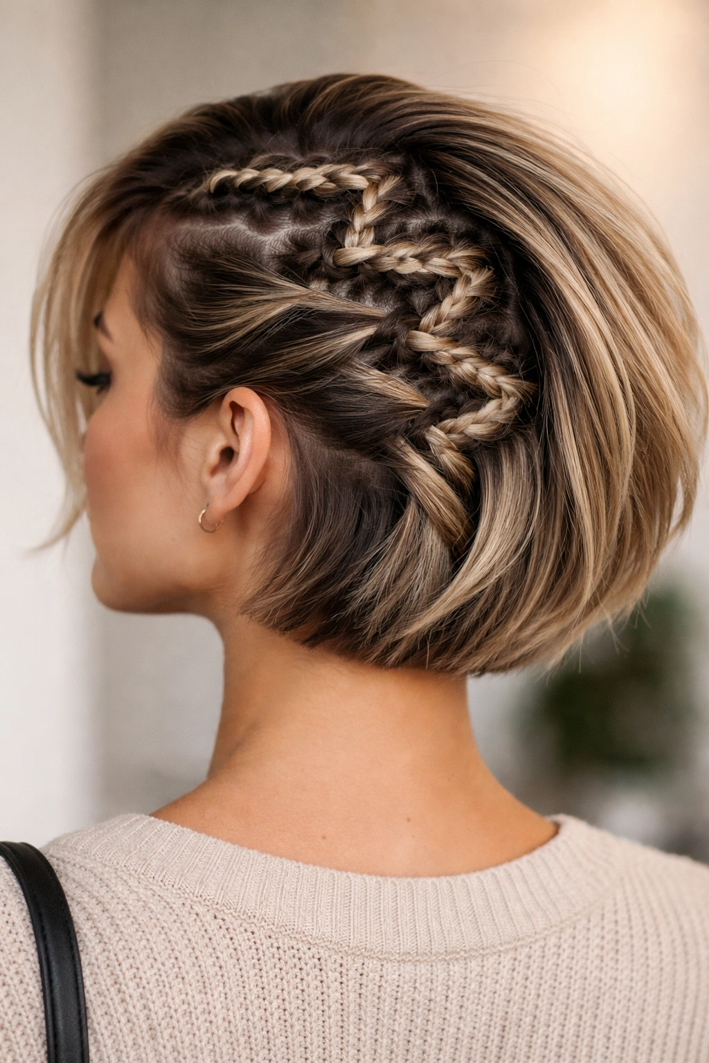 Close-up of a zigzag Dutch braid on a short hairstyle, highlighting geometric pattern.