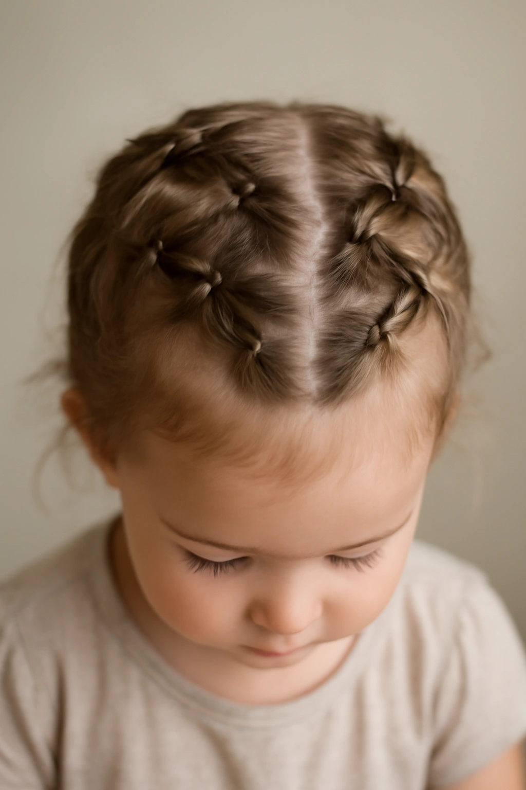 Zig-zag braids across the crown of a toddler's head