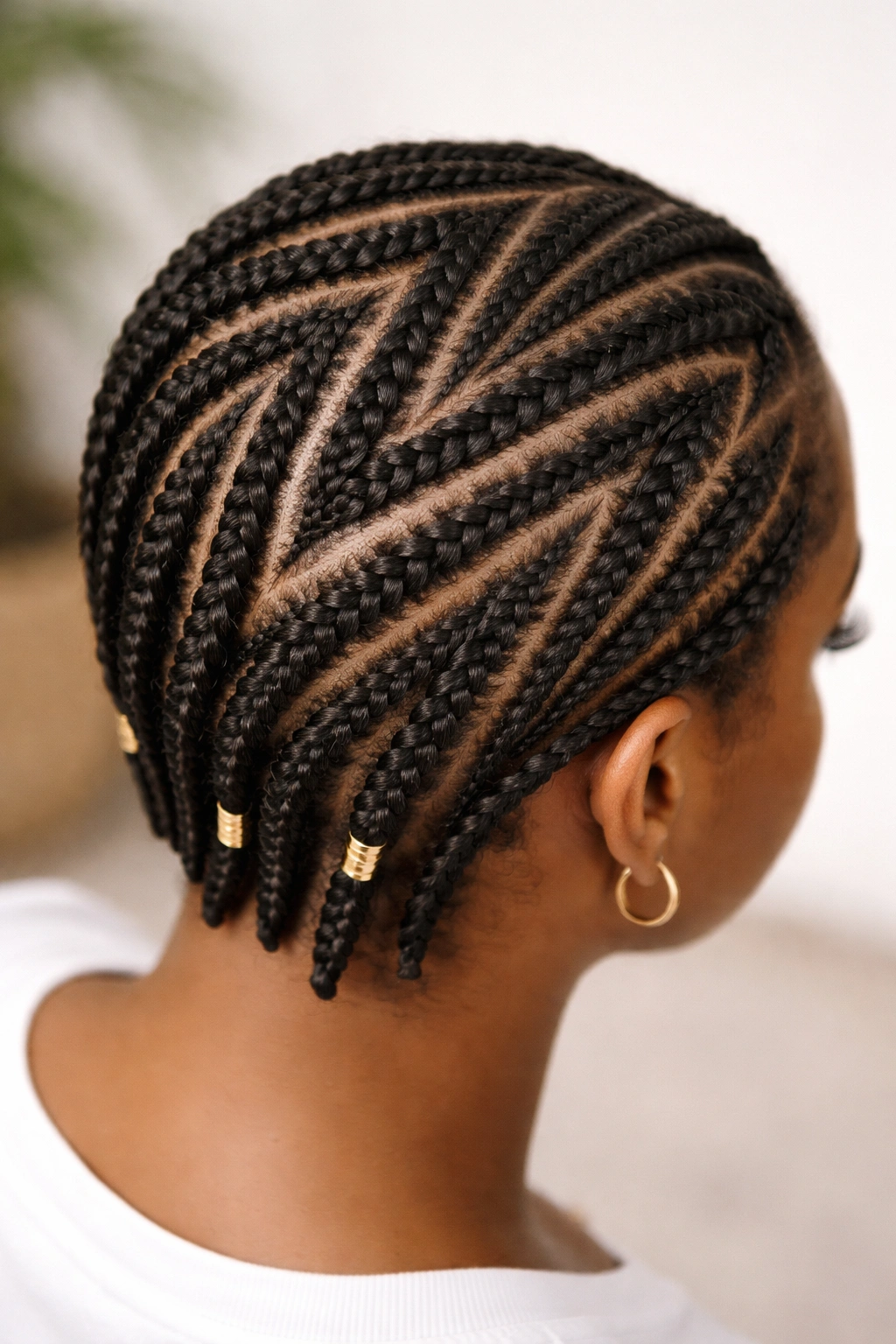 Top view of zigzag and diagonal braid patterns across short hair