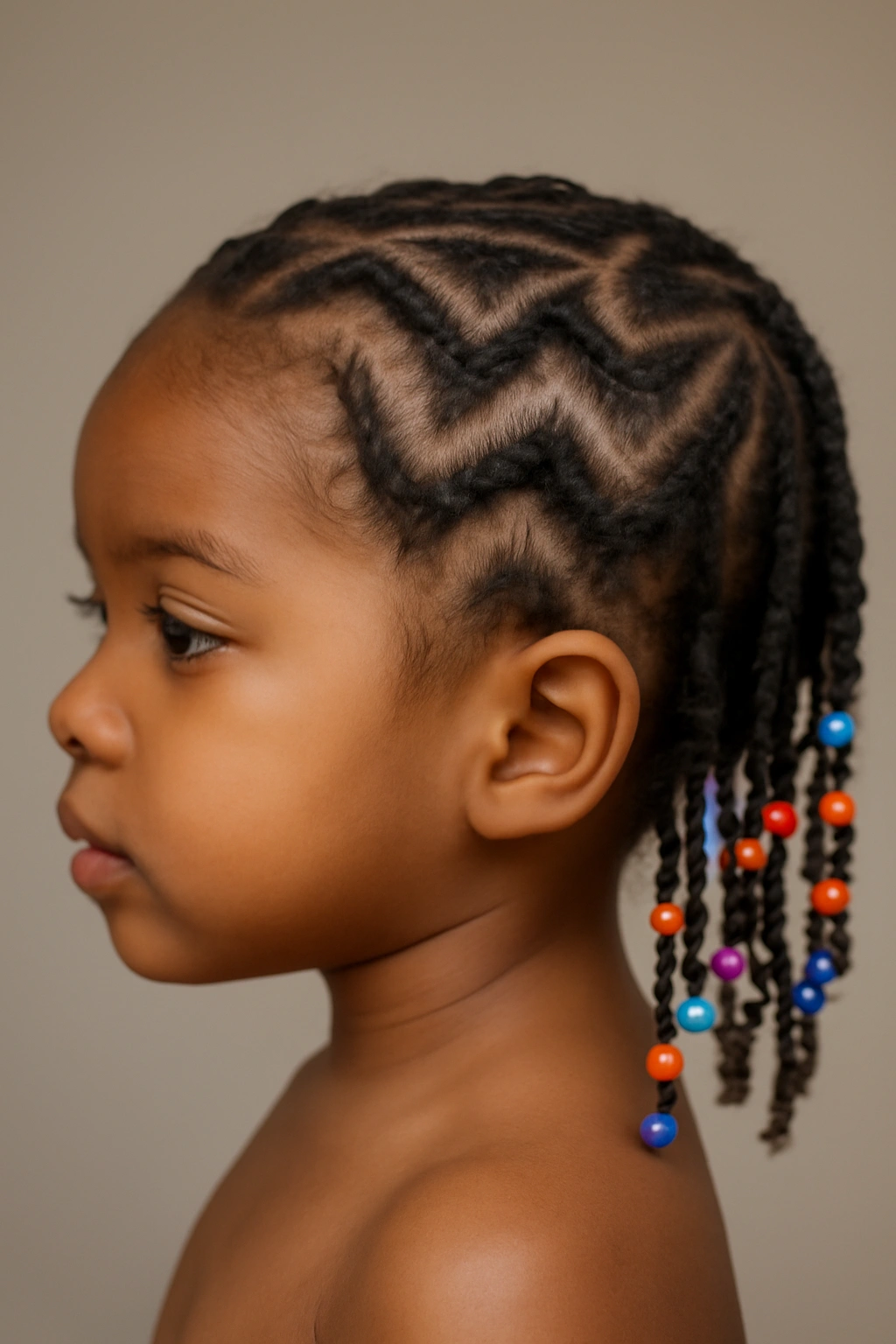 Close-up of a toddler's zigzag cornrows with beads along diagonal braids.