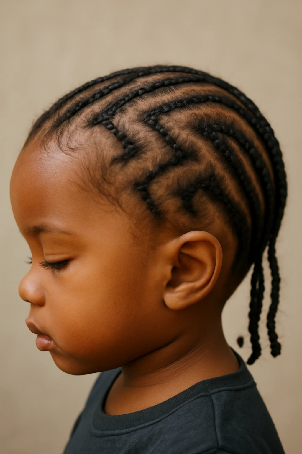 Toddler with zig-zag cornrows forming dynamic patterns on the scalp.