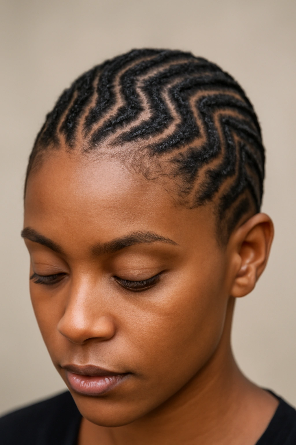Frontal shot of zigzag and wave cornrows across the scalp.