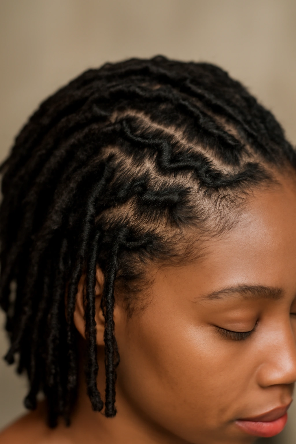 Close-up of zigzag part locs highlighting scalp texture and movement