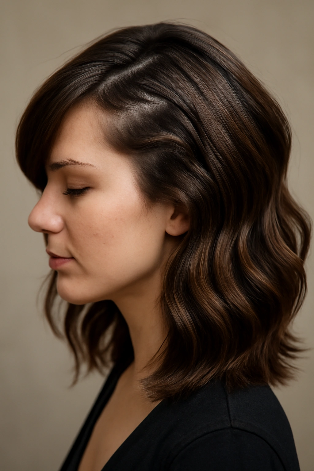 Hair with a zigzag part and dimensional layers highlighting movement.