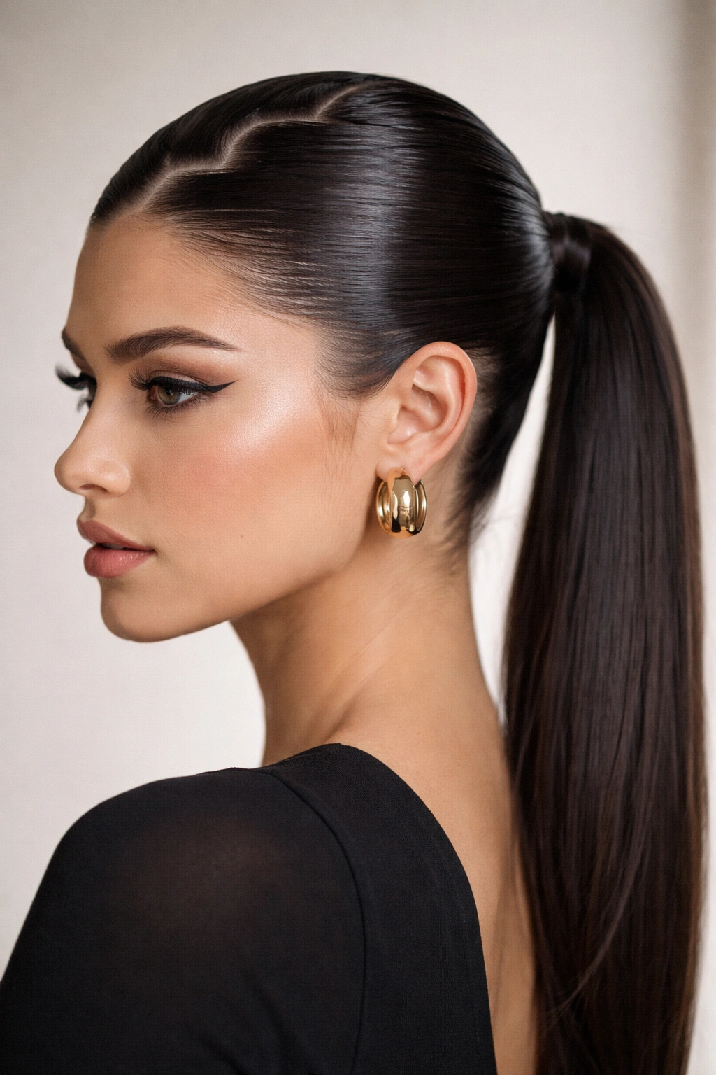 Close-up of a slicked low pony with a dramatic zigzag part.
