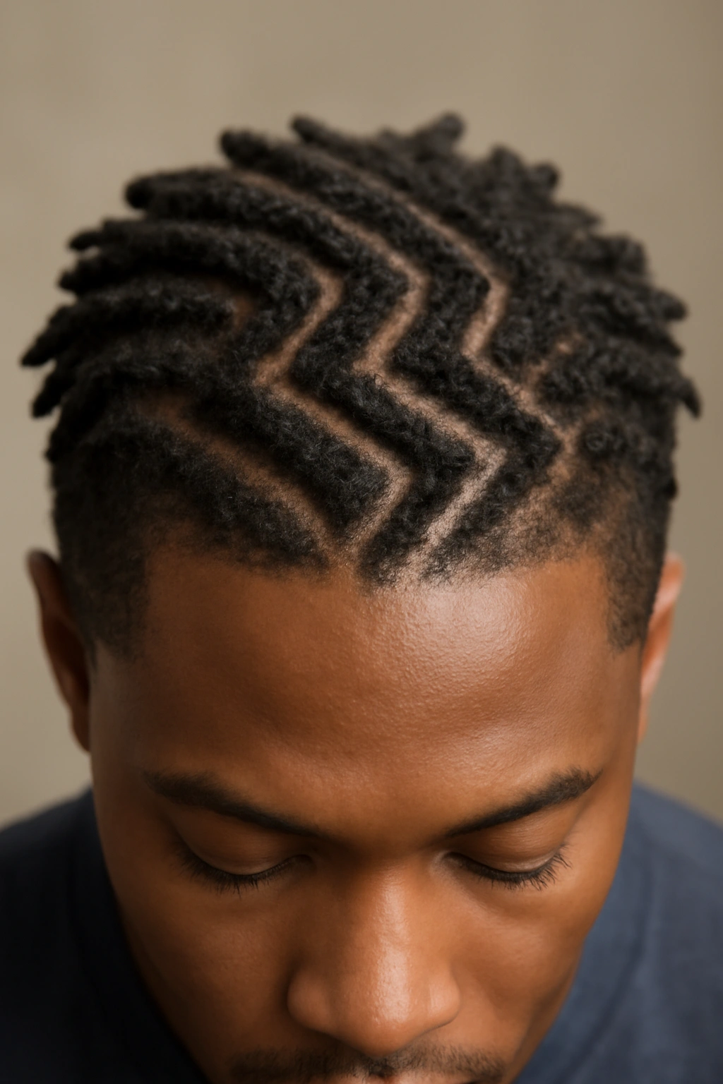 Top-down view showing zigzag pattern created by short dreadlocks along the scalp.