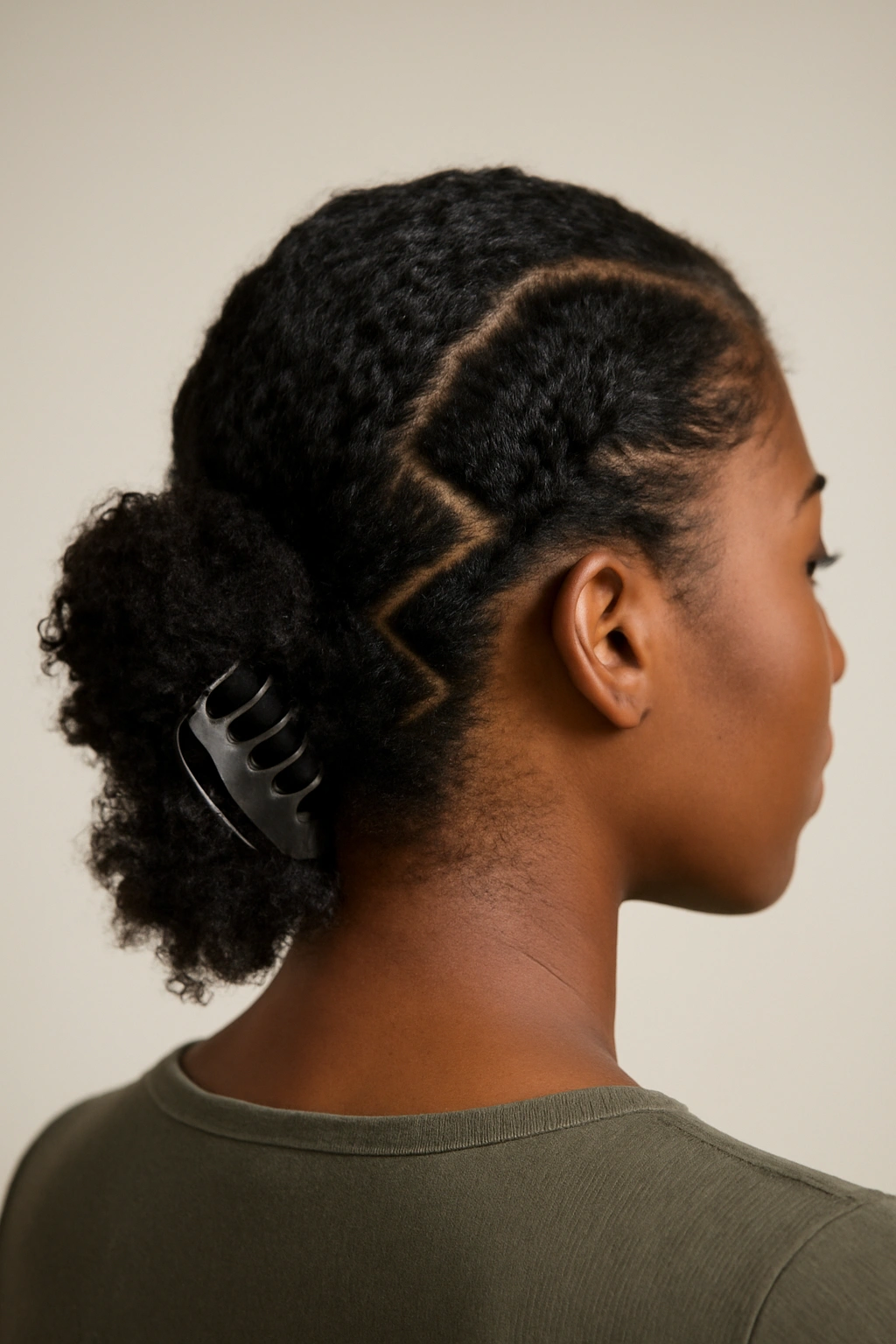 Zigzag part with low ponytail secured by angled claw clip