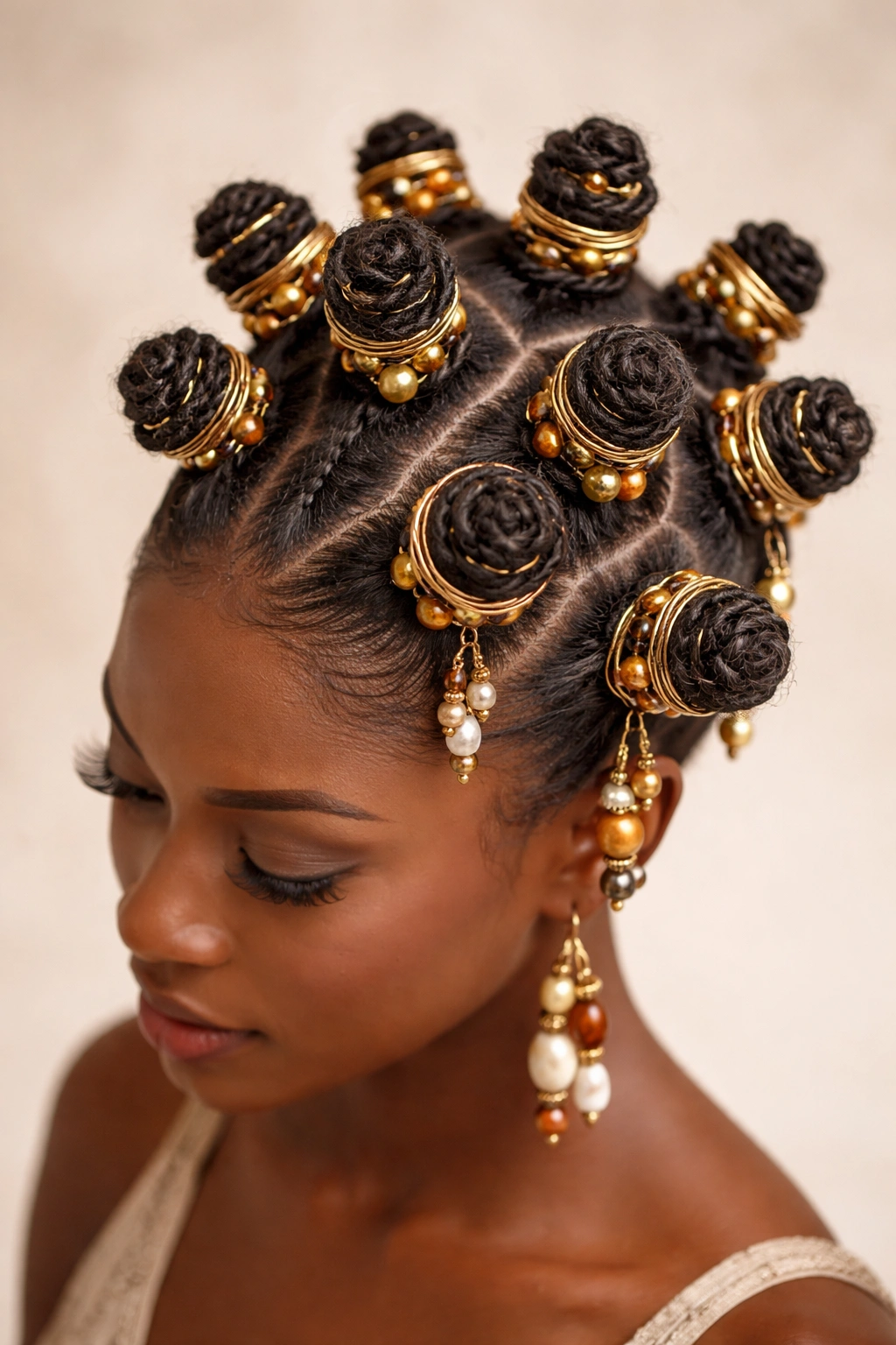 Three-dimensional Zulu knots with beads and wire wrapping on a sculpted crown hairstyle