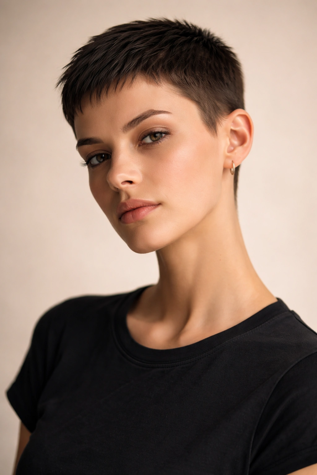 Androgynous pixie crop with clean lines and sharp silhouette