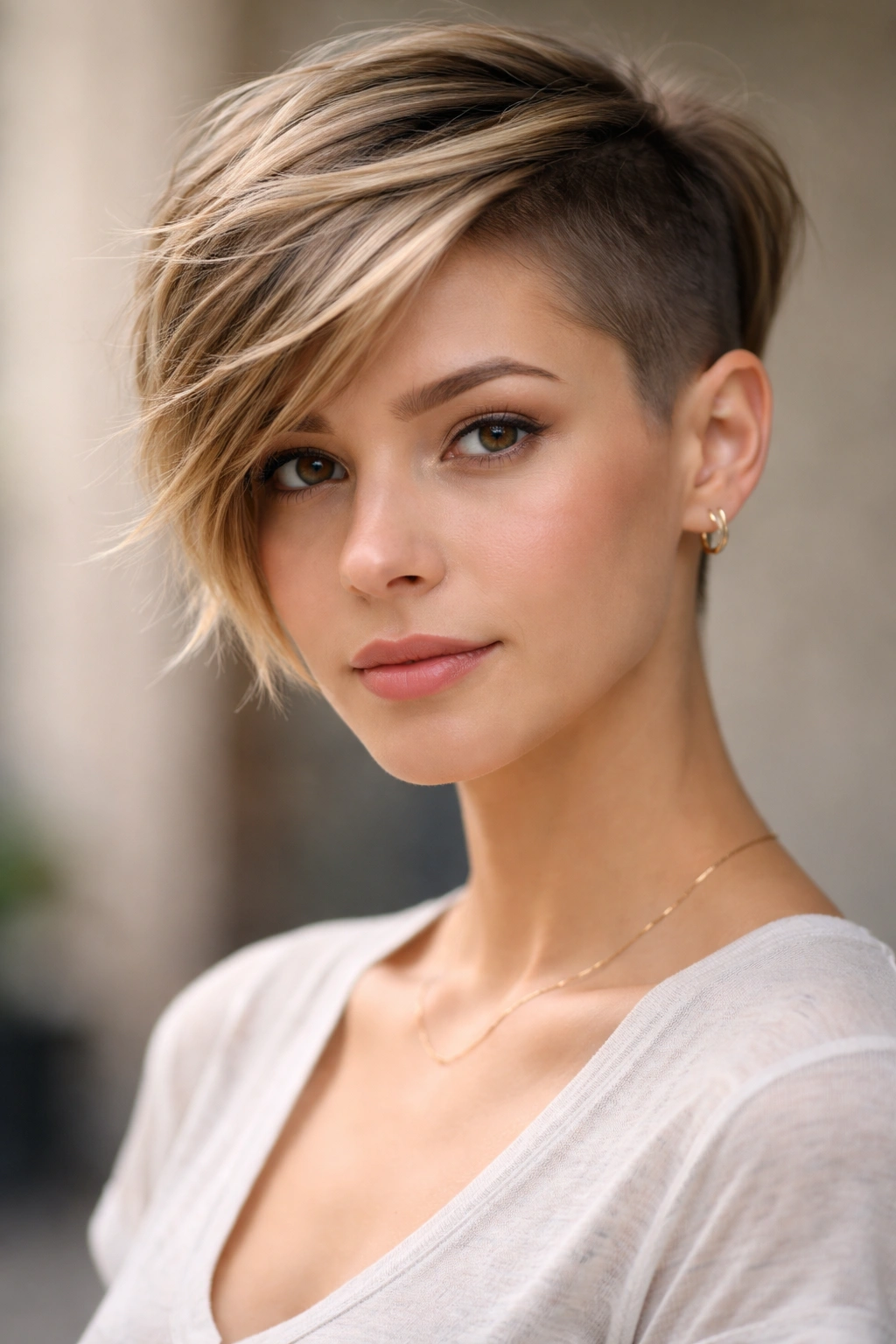 Portrait of asymmetrical pixie with off-center length difference