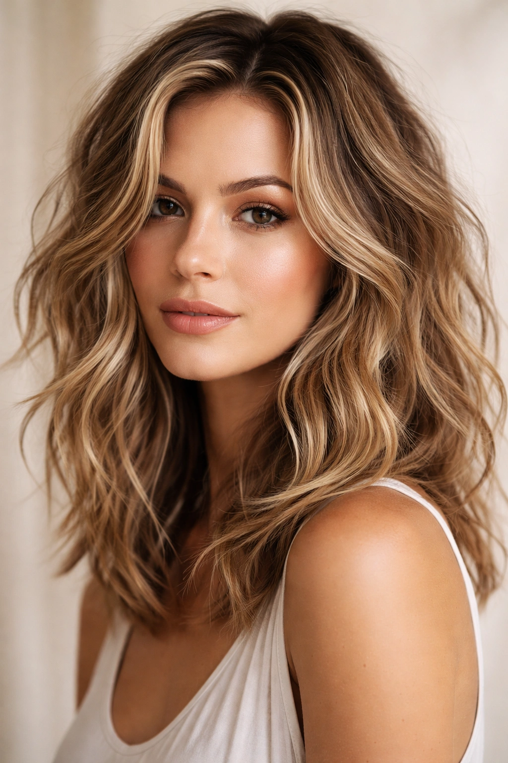 Close-up portrait of a person with tousled beach waves framing the face