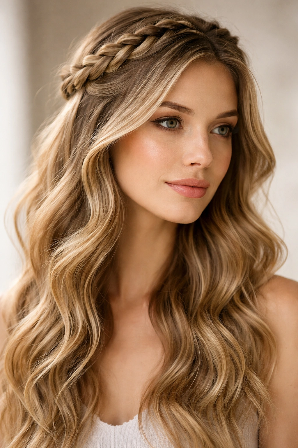 Hair styled with a crown braid and loose waves for added width