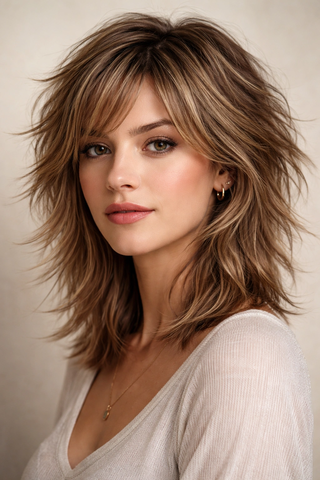 Close-up of head with choppy, piece-y layers all over the hairstyle
