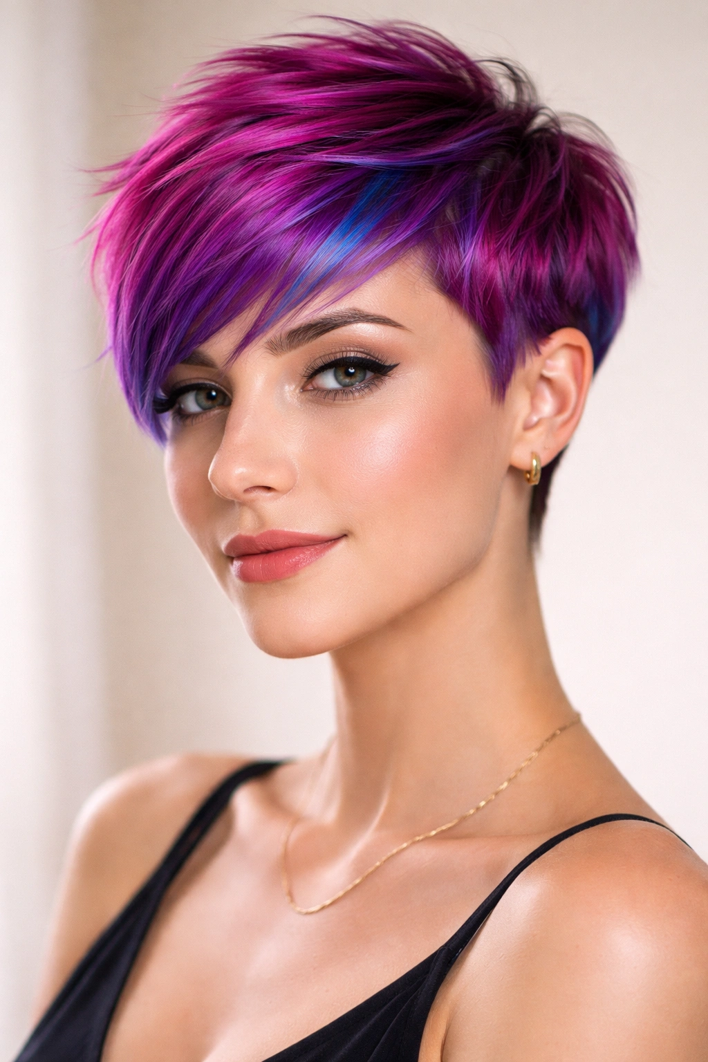 Close-up portrait of a person with a bold colored pixie cut.