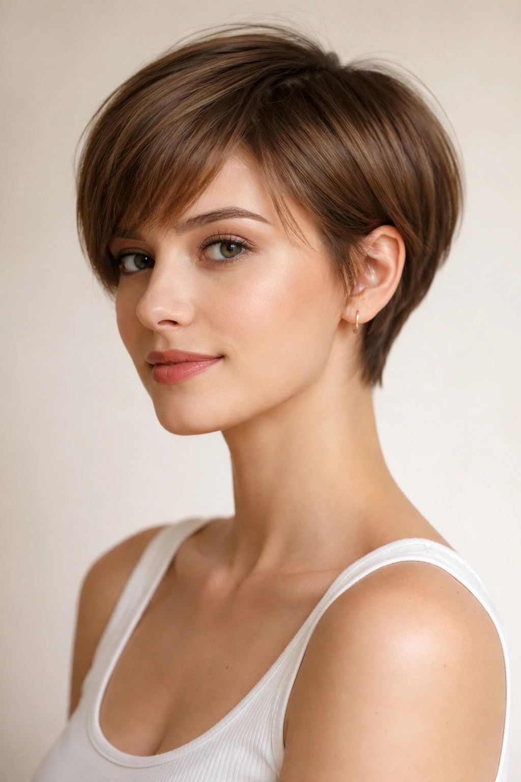 Portrait of cropped bob pixie with even length and minimal layers
