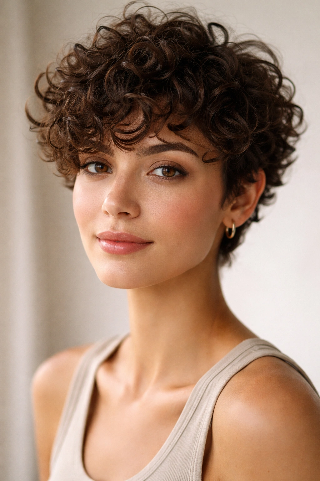 Portrait of curly pixie with defined curls and layering