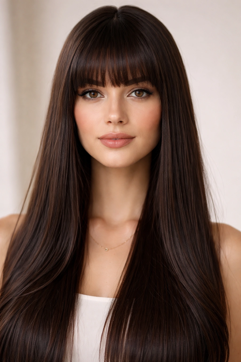Full blunt bangs across a straight sleek hairstyle