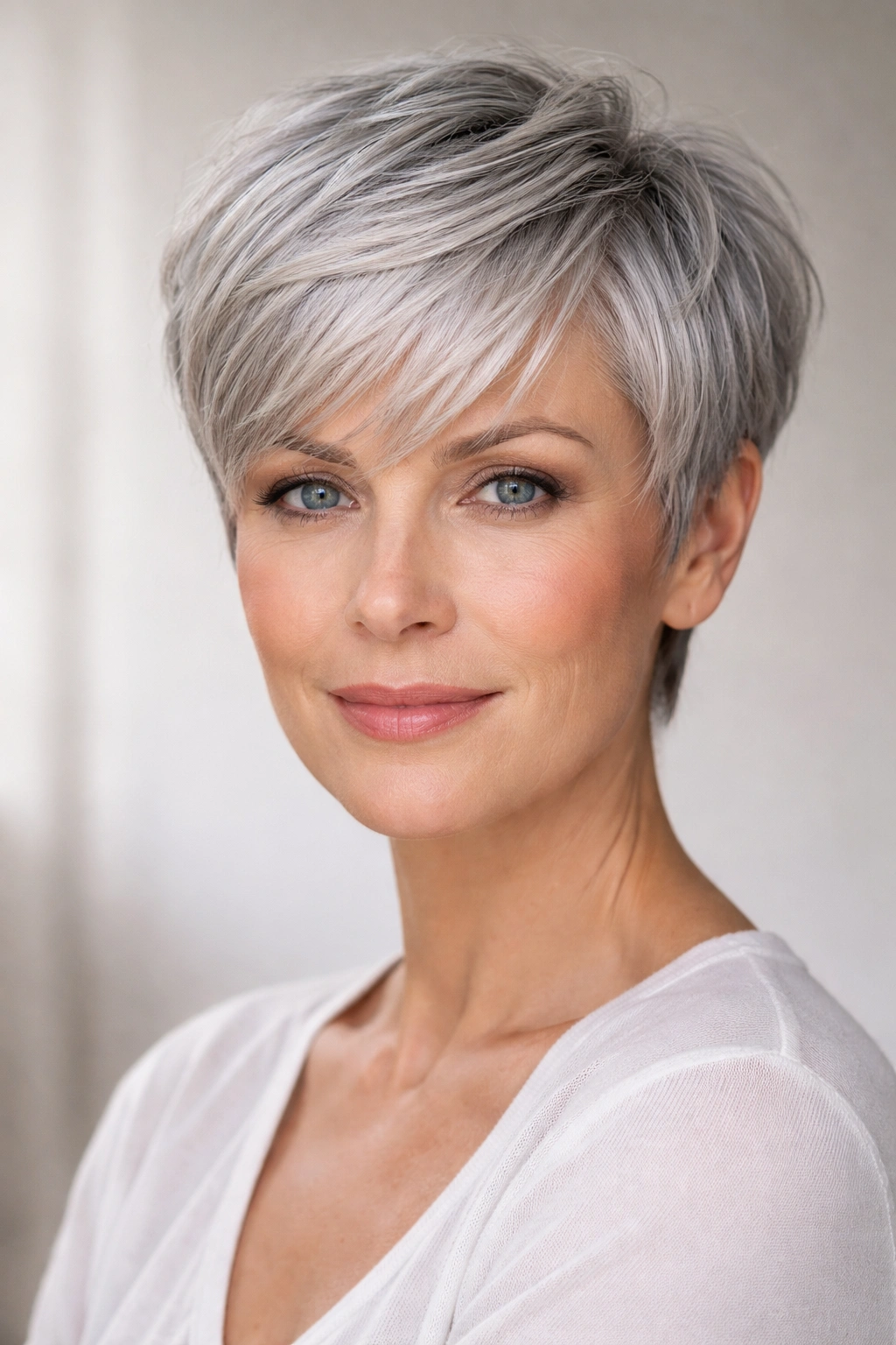 Gray pixie cut with silver hair and luminous shine