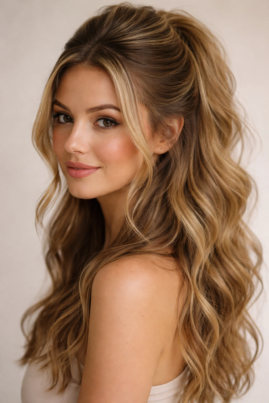Half-up half-down hairstyle with textured waves and crown lift