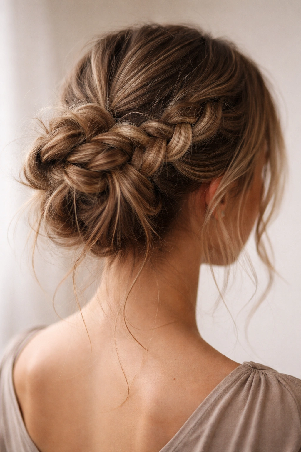 Close-up of a messy braided bun with loose strands for an effortless, chic look