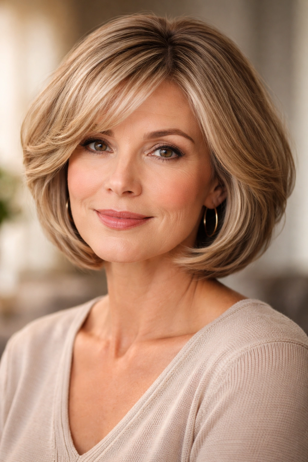 Soft layered rounded bob framing a round face with gentle movement