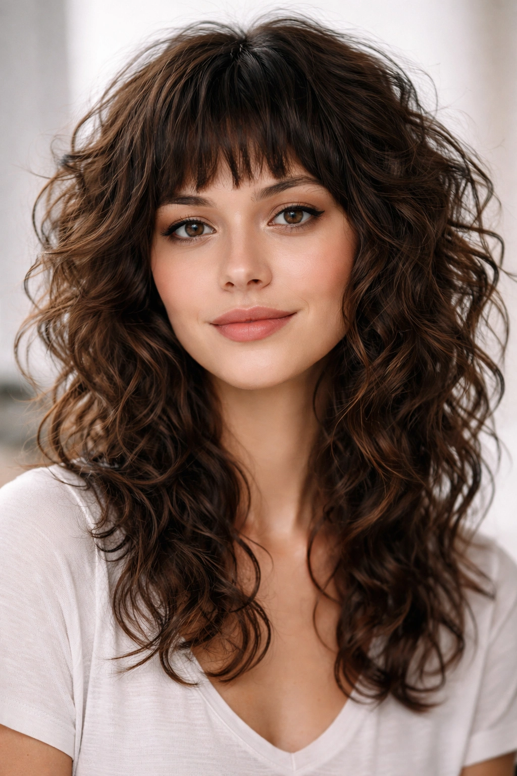 Curly hair with choppy blunt bangs for a heart-shaped face.