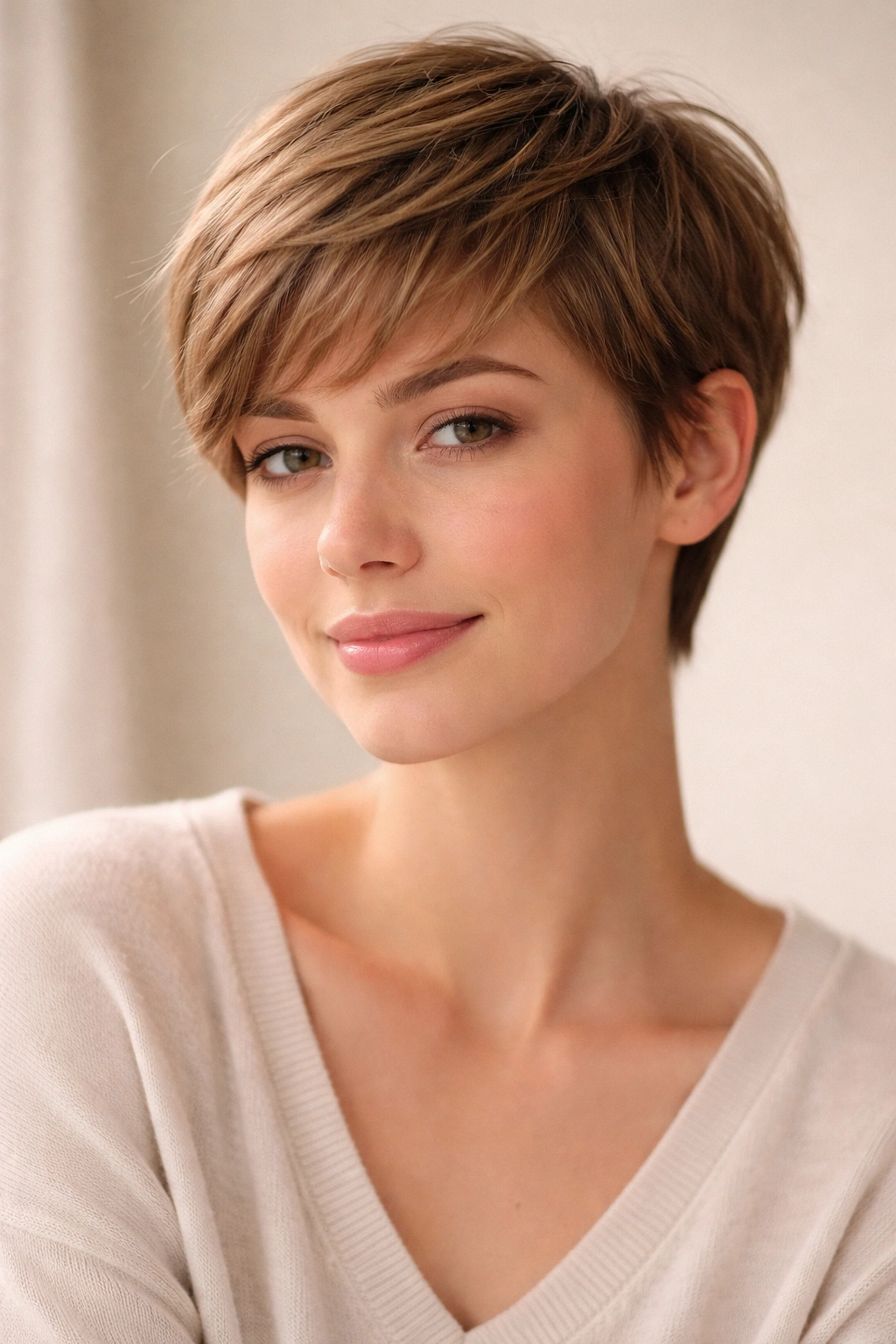 Close-up portrait of a soft pixie with feathered layers and rounded silhouette