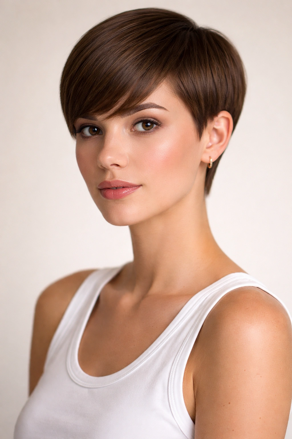 Straight pixie cut with blunt lines and smooth finish
