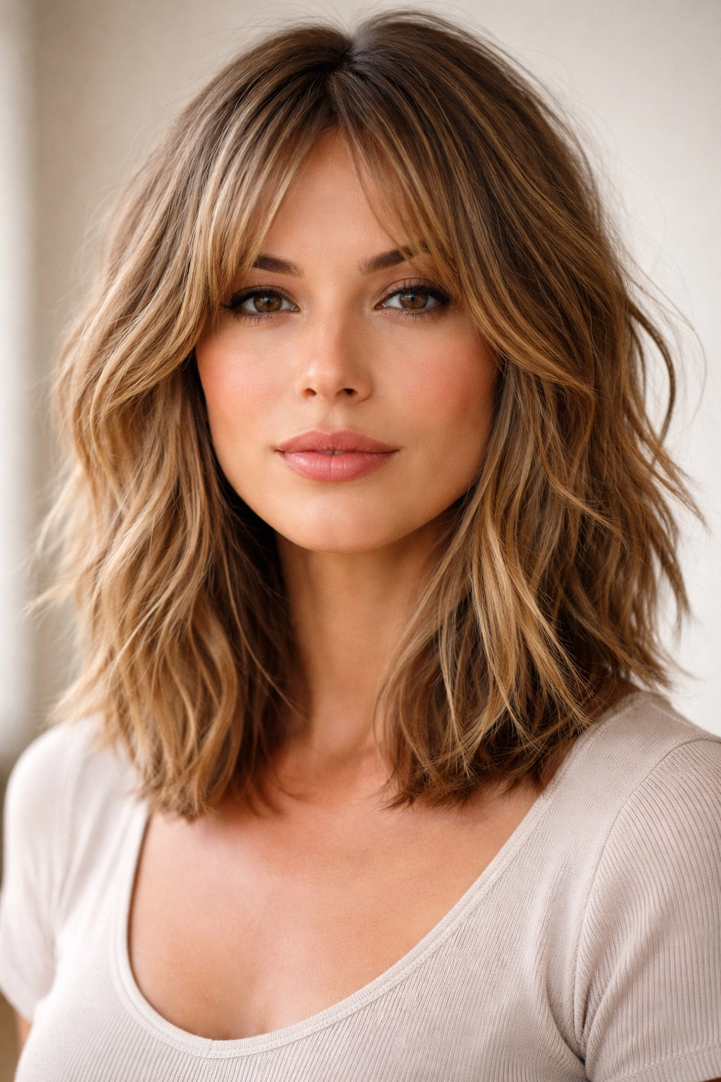Textured long bob with choppy layers along the jawline