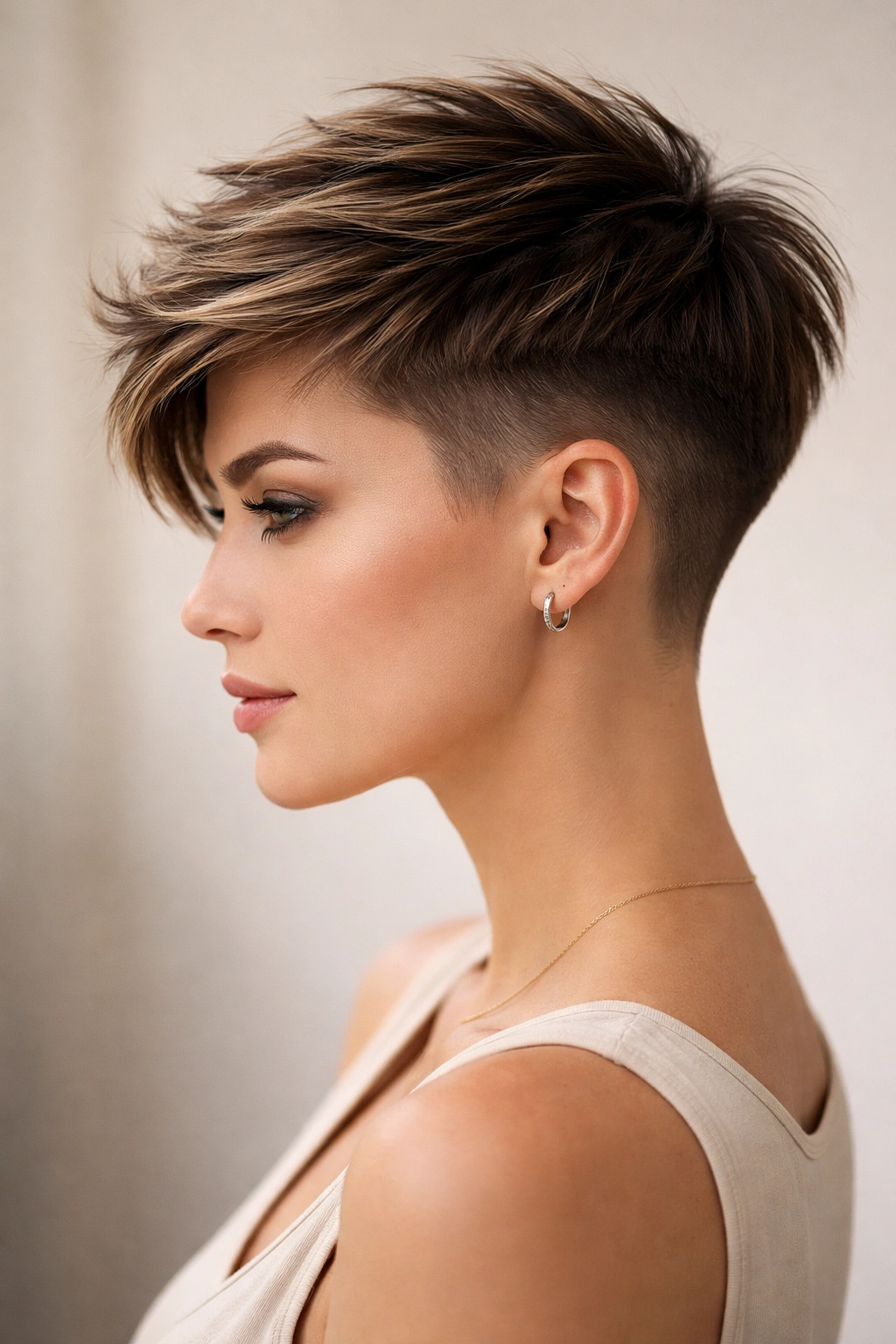 Portrait of undercut pixie with short sides and longer top