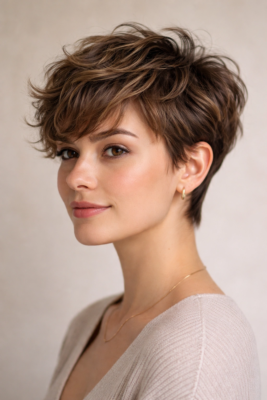 Close-up of a wavy pixie cut showing natural texture and chic, low-maintenance styling