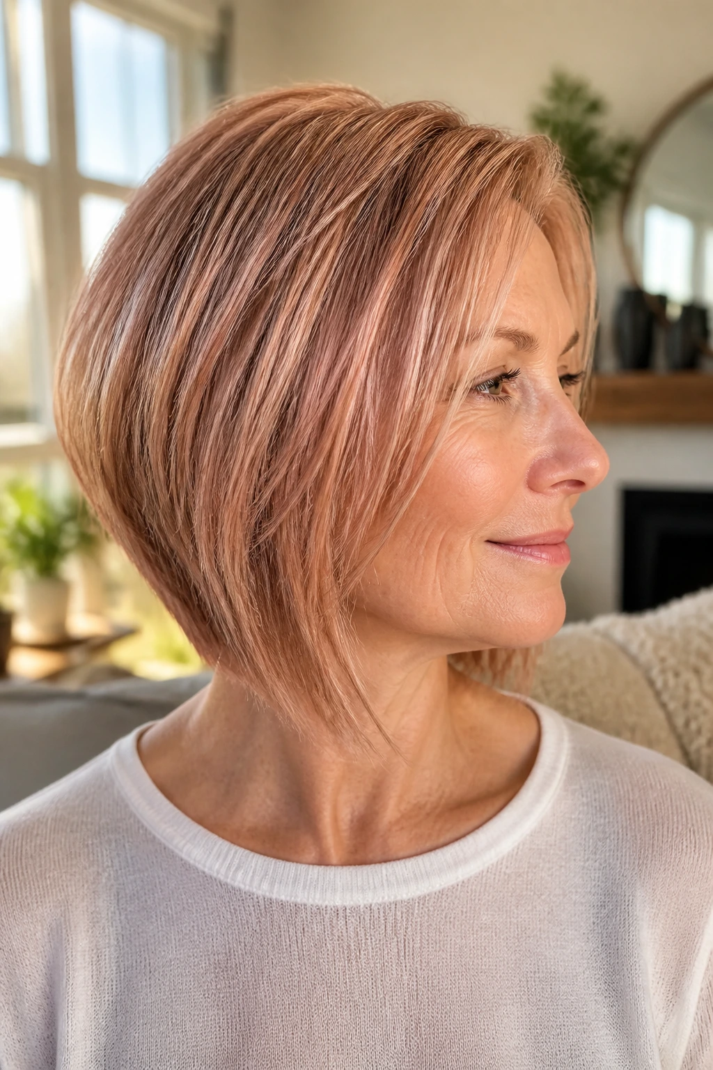 Real woman in an A-line bob with hidden layers