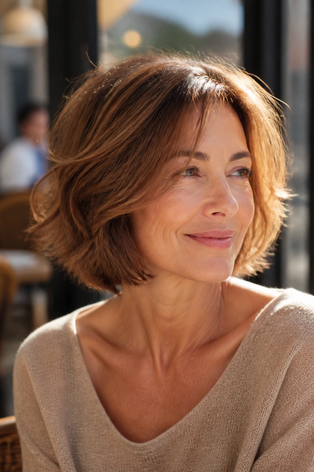 Close-up of a real woman with an airy textured bob in sunlit brown